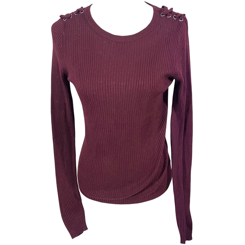 Hippie Rose Womens Burgundy Ribbed Lace up Grommet Shoulder Sweater S Whimsigoth